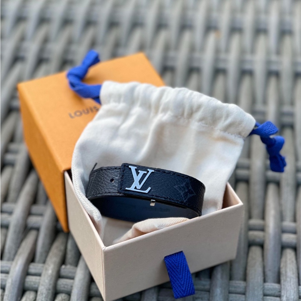 Louis Vuitton Navy Leather Bracelet with platinum logo